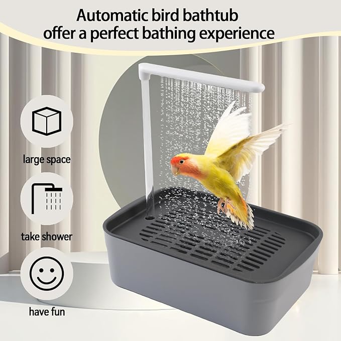 PINVNBY Automatic Bird Bath Shower for Cage,Parrot Bath Box with Pump,Parakeet Bathtub Electric Fountain Circulating Water Contains USB Power Plug for Cockatiel Lovebird Conure Budgie(Gray)