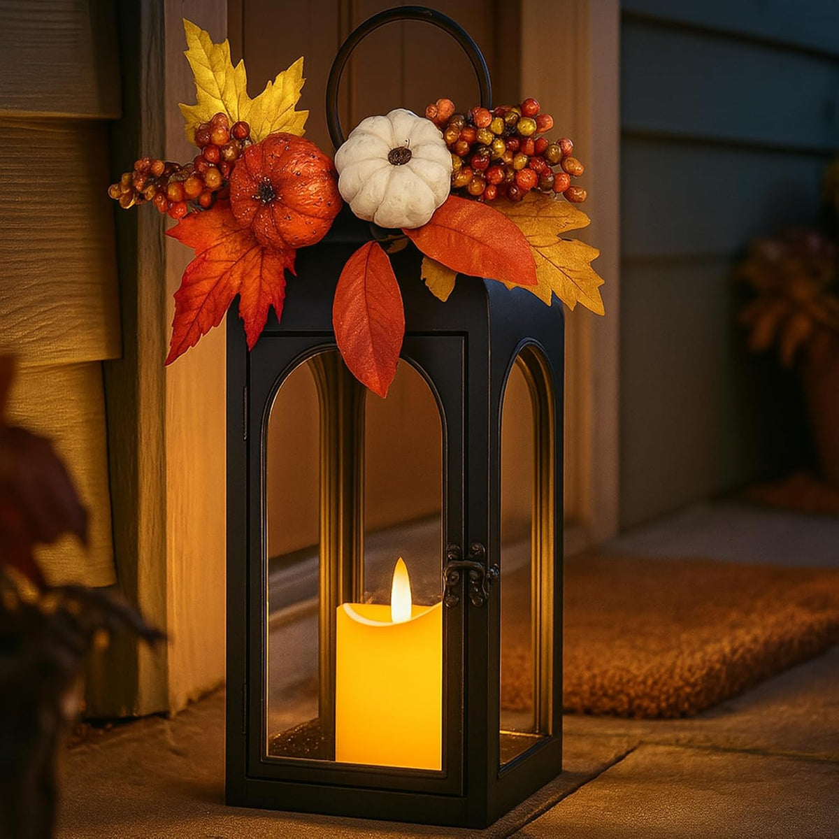 Bdor 2 Pack Fall Lanterns Decor with LED Candle – 16 Inch Harvest Pumpkin Maple Leaf Hanging Lantern for Autumn Thanksgiving Table Centerpiece Indoor Outdoor Decoration, Battery Operated
