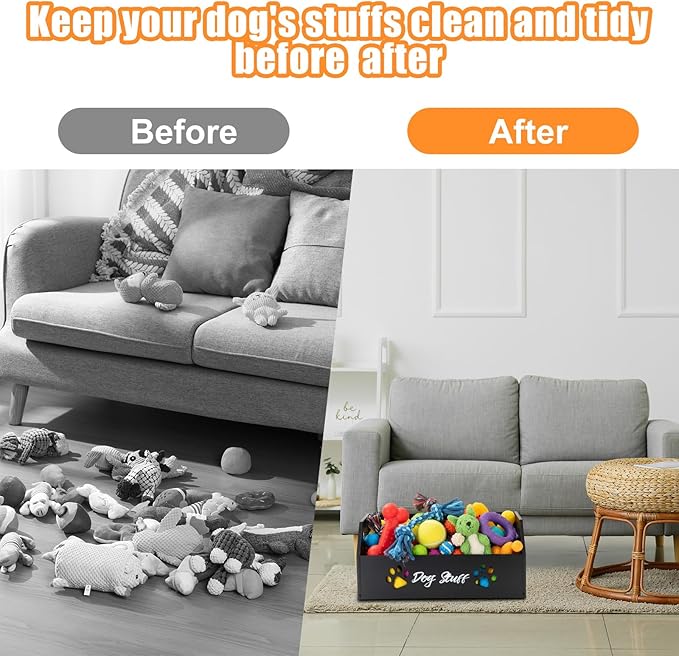 Leinuosen Large Dog Toy Bin Basket, 20 Inch Large Stuff Toy Storage Basket Bin with Bone Handle Cutout Pattern Pine Container for Organizing and Storage Dog Leash Chew Toys(Black, Undivided)