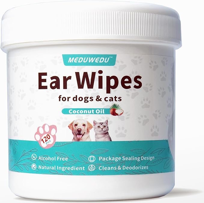 Ear Cleaner Wipes 120 Counts, Dog Ear Cleaner, Grooming Kit Care for Dogs and Cats, Soft & Easy Otic Cleaning Pads, Remove Wax, Dirt & Stop Smelly, Itchy, Non-Irritating, Coconut Scent