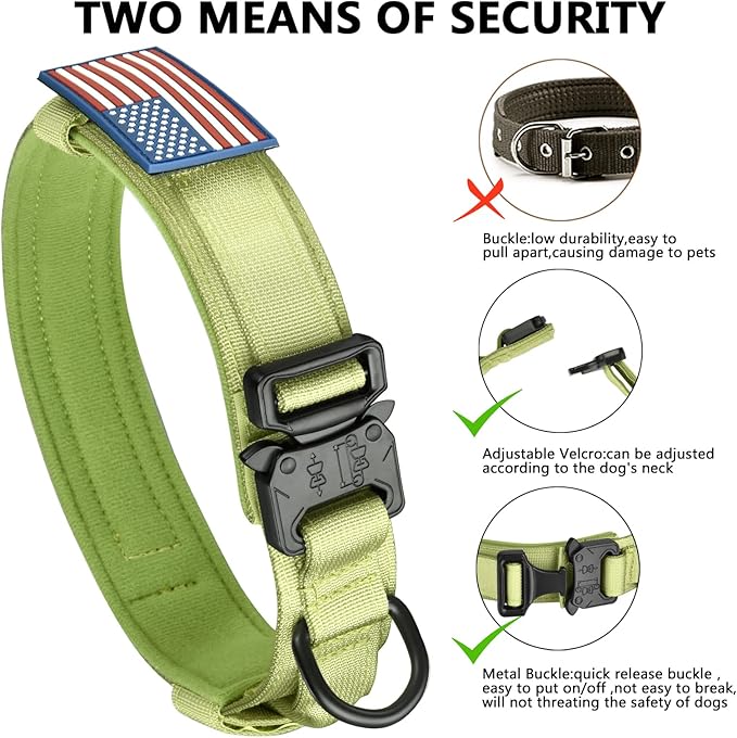 DAGANXI Tactical Dog Collar, Adjustable Military Training Nylon Dog Collar with Control Handle and Heavy Metal Buckle for Medium and Large Dogs, with Patches and Airtags Case (M, Spring Grass)