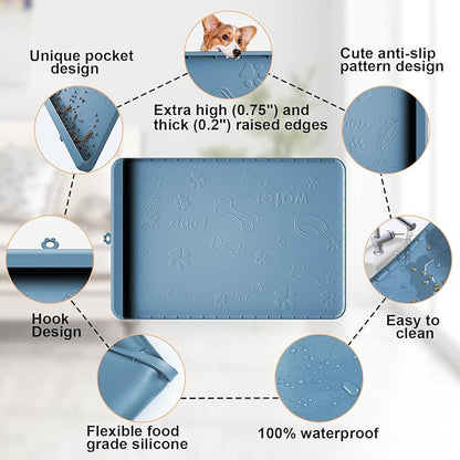 Dog Food Mat - Silicone Dog Mat for Food and Water - 36" x 24" Large Pet Feeding Mats with Residue Collection Pocket - Waterproof Dog Cat Bowl Mat with High Edges to Prevent Water Food Spills