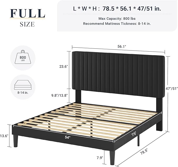 Allewie Full Bed Frame, Velvet Upholstered Platform Bed with Vertical Channel Tufted Headboard, Mattress Foundation with Strong Wooden Slats, Box Spring Optional, Easy Assembly, Black