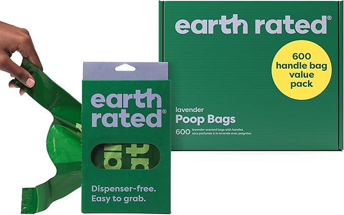 Earth Rated Dog Poop Bags with Handles Value Pack, Easy Tie and Guaranteed Leakproof, Lavender Scented, 600 Handle Bags