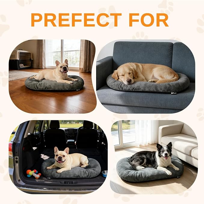 Washable Oval Medium Dog Bed, Silver-Tipped High-Resilience, Dark Gray | Non-Slip Bottom Prevents Sliding, Soft Plush Short Fur, Machine Washable, Ideal for Crates/Apartments/Cozy Nooks,29"x18"x2.8"