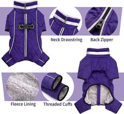 Four Legged Dog Winter Coat for Small Dogs, Warm Puppy Onesie Clothes Christmas, Reflective Turtleneck Dog Jacket with Buckles & D-Rings, Puffer Cold Weather Coat Zipper