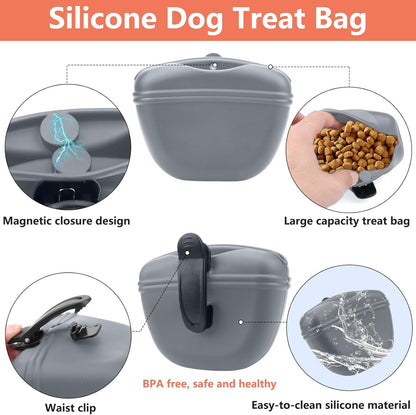BARKIE Dog Training Kit - Treat Pouch, Pet Training Fanny Pack, 2 Puppy Training Clickers, Ultrasonic Silent Whistle, 2-in-1 Whistle Clicker, Clicker Training Guide Booklet, Dog Poop Bag (Grey)