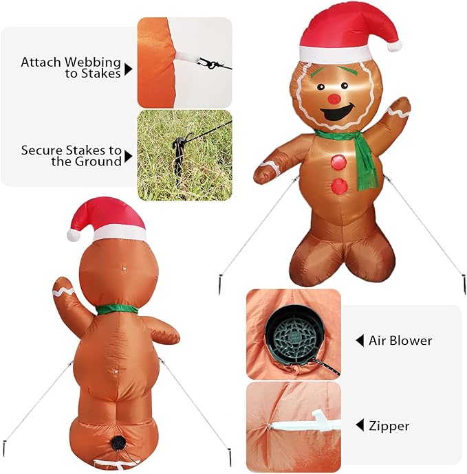 Mimi Funn 6FT Christmas Inflatable Gingerbread Man, Cute Christmas Blow Up Yard Decorations with Build-in LEDs for The Yard, Lawn, Garden