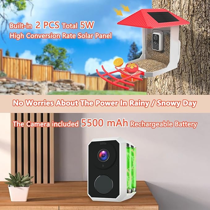2.5K Smart Bird Feeder with Camera, 5GHz &2.4GHz Birds Watching Camera with AI Identify Bird Species, Outdoor Birds Feeder House with Solar Panel for BirdLovers (Red)