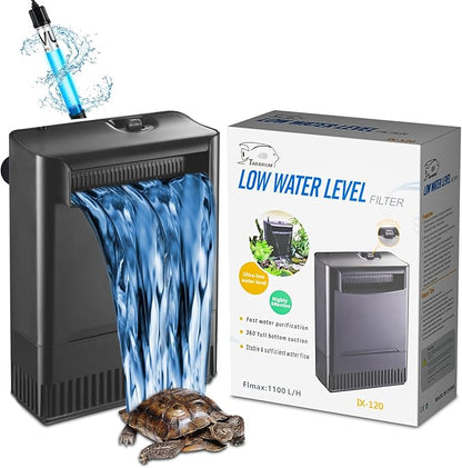 Turtle Tank Filter w/ U-V Light for Large 40-150 Gal Tank 4-Stage Flow Adjustable Low Water Level Internal Deodorization Green Clean Machine Killing Cloudy Saltwater Freshwater Aquarium Crystal Clear
