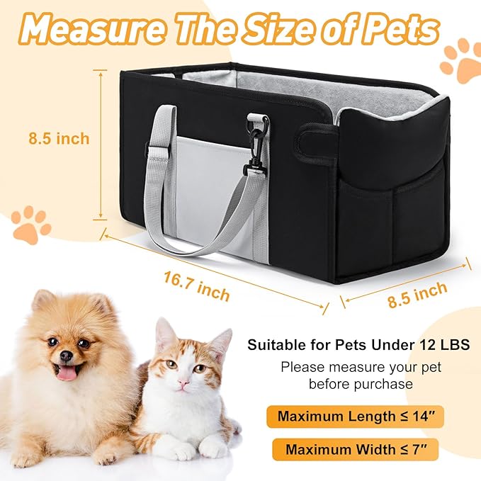 Portable Dog Car Seat for Small Dogs - Pet Booster Seat with Safety Leash, Adjustable Straps, Washable Cushion & Storage Pocket - Center Console Puppy Car Seat for Travel - Black