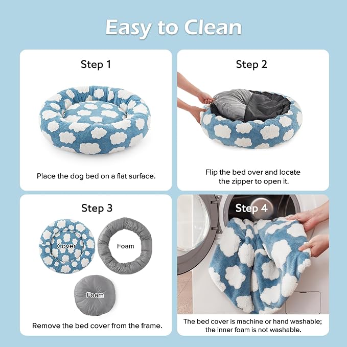 JOEJOY Jacquard Donut Round Small Dog Beds,Blue 23x23x7in, Removable Washable Cover, Cute Pattern, Ultra Soft Fluffy Calming Pet Bed with Thick Supportive Bolster