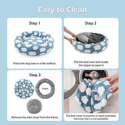 JOEJOY Jacquard Donut Round Small Dog Beds,Blue 23x23x7in, Removable Washable Cover, Cute Pattern, Ultra Soft Fluffy Calming Pet Bed with Thick Supportive Bolster