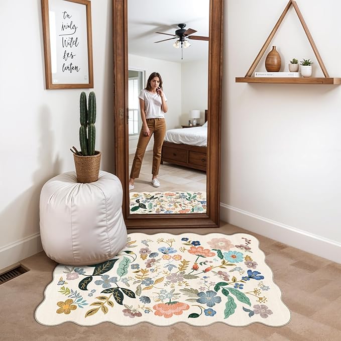 Washable 2x3 Entryway Scalloped Rug: Floral Thin Door Mat Non Slip Water Resistant Kitchen Bathroom Area Rug Indoor Ultra Soft Carpet for Laundry Nursery Living Room Bedroom Soft Floor Mat (2x3,Cream)