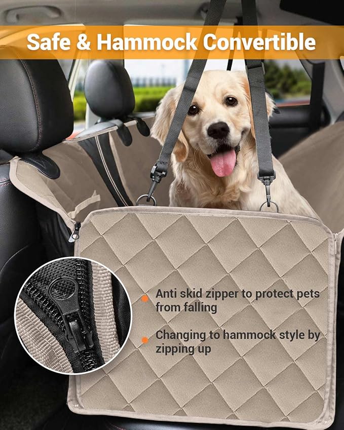 Dog Car Seat Cover, 600D Heavy Durable Dog Seat Cover for Back Seat, 100% Waterproof Scratch Proof Nonslip Dog Hammock for Car with Side Flap, Pet Back Seat Covers for Cars with Seatbelt Khaki