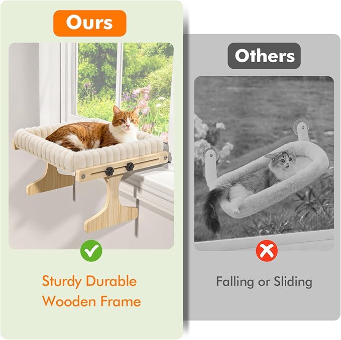 Cat Perch for Window XiaZ Cats Hammock Indoor Cat Bed for Window Adjustable Wooden Frame W/Soft Warm Plush-Lined Cushion Perfect for Bird Watching Sunbathing Space-Saving Easy Install Single Layer