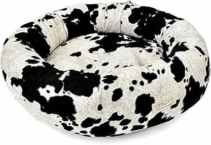Round Dog Bed – Natural Canvas, Removable Washable Cover, Raw Cotton or Latex Fill, Hypoallergenic Non-Toxic, Made in USA (Cow Print Black White, Small, Firm Support – Raw Cotton)