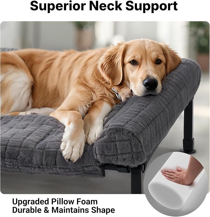Veehoo Plush Double Dog Couch Bed for 2 Dogs, Washable Elevated Dog Bed | Cooling Raised Pet Cot with Removable Bolster Cushion, Breathable Mesh, No-Slip Feet, 48 x 37 inches, Grey