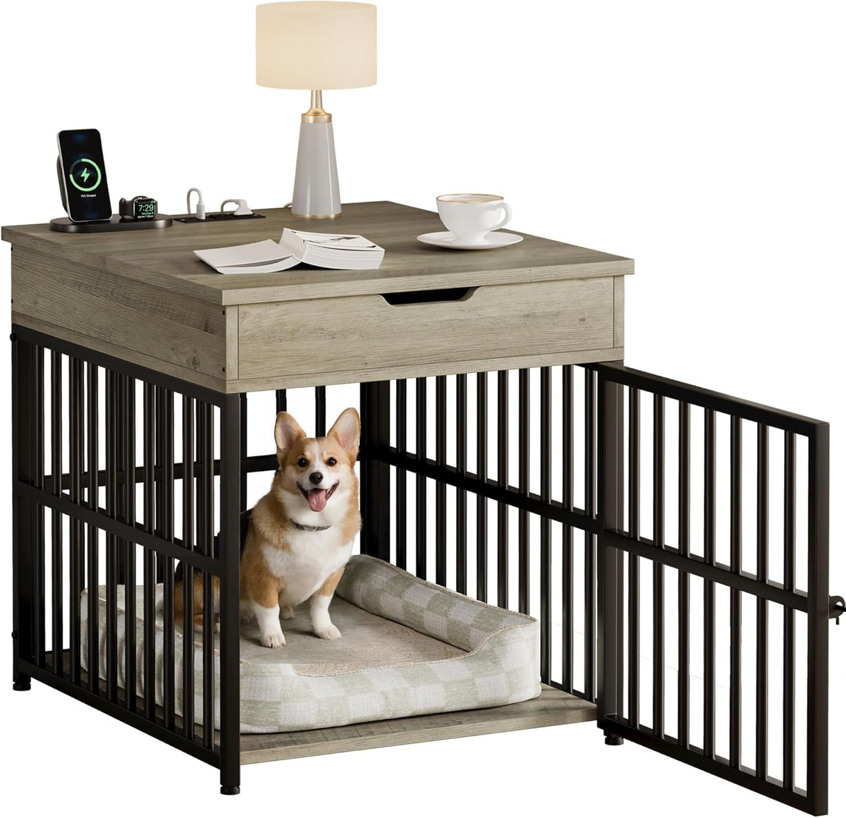 IRONCK Dog Crate Furniture for Small Dogs, Wooden Dog Kennel with Flip Top Drawer, Indoor Pet Crate End Table with Charging Station, Steel-Tube Dog Cage, Gray