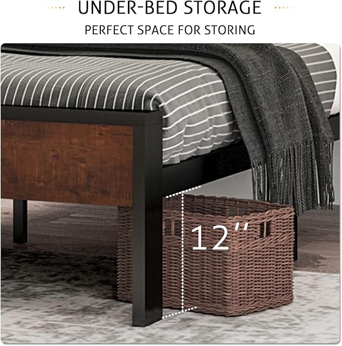 SHA CERLIN 14 Inch Full Size Metal Platform Bed Frame with Wooden Headboard and Footboard, Mattress Foundation, No Box Spring Needed, Large Under Bed Storage, Non-Slip Without Noise, Mahogany