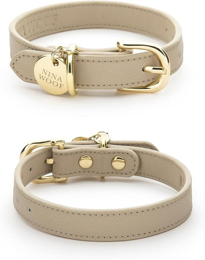 NINA WOOF Copenhagen Leather Dog Collar - Handmade with Vegan Soft Leather Round Padded Collar with Adjustable Buckle for Extra Small, Small, Medium, and Large Dogs - Color Beige, Extra Small