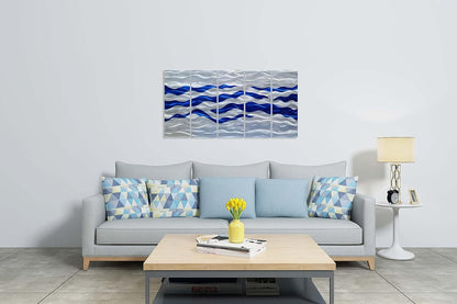 SYGALLERIER Abstract Coastal Metal Wall Art Handcrafted Big 3D Blue and Silver Artwork Modern Sea Waves Pictures Contemporary Sculpture for Living Room Bedroom Bathroom Decor