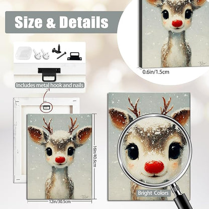 Funny Red Nose Deer Christmas Canvas Wall Art - Whimsical Framed Winter Wall Art for Living Room & Office, Cute Christmas Wall Decor with Wood Frame, Playful Christmas Gifts & Cozy Winter Decor