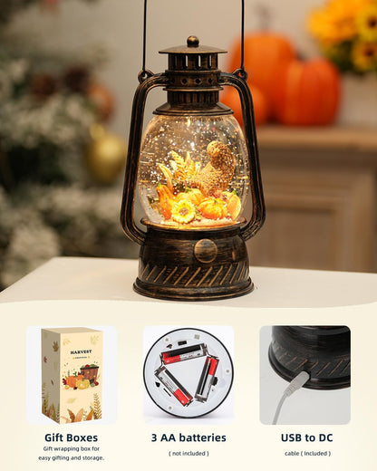Fall Decorations for Home - Vintage Fall Snow Globe Lantern with 6H Timer,Pumpkin Sunflowers Scene Snow Globes USB or Battery Powered,Fall Decor for Fall Harvest Thanksgiving Autumn