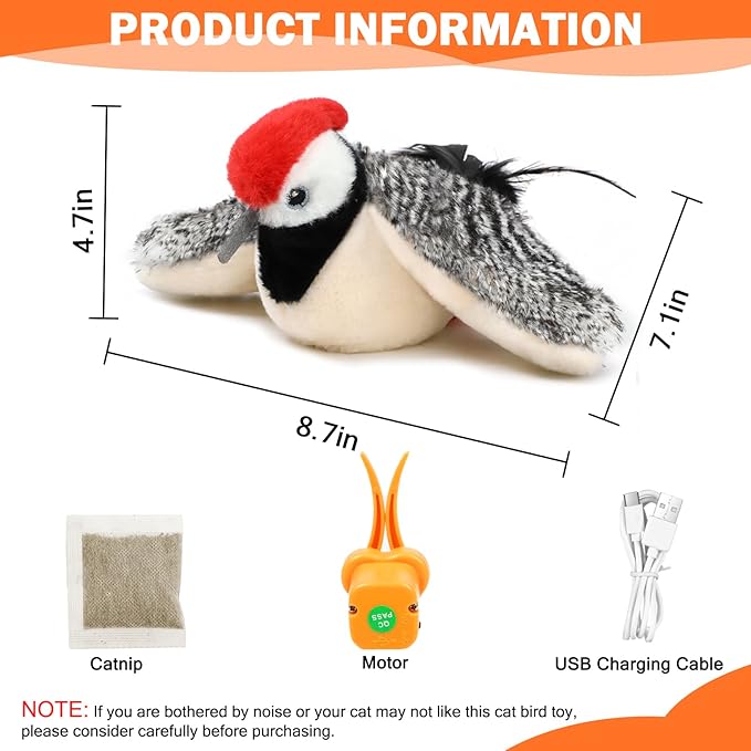 Tocirelo Flappy Bird Cat Toy, Simulated Flying, Not-Real Flying, Motion-Activated Chirping and Flapping Wings Cat Bird Toy, Realistic Cat Interactive Toys for Indoor Cats, Catnip Kitten Kicker Toy
