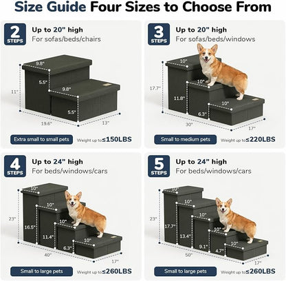 4-Step Wide Dog Stairs with Storage 23" H, Non-Slip Sturdy Pet Steps for High Bed Couch Window, Pet Stairs for Small/Medium/Large Old Dogs Cats Up to 220lbs, Cat Dog Steps for Car, Grey Green