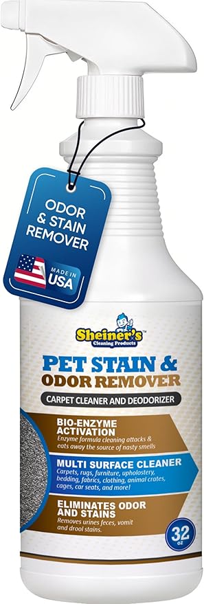 Sheiner's Pet Stain Remover & Pet Odor Eliminator, Advanced Cleaning Bio-Enzyme Cleaner Solution for Carpets, Rugs, Upholstery & Multi-Surfaces, Safe for Pets & Kids. (32 oz)