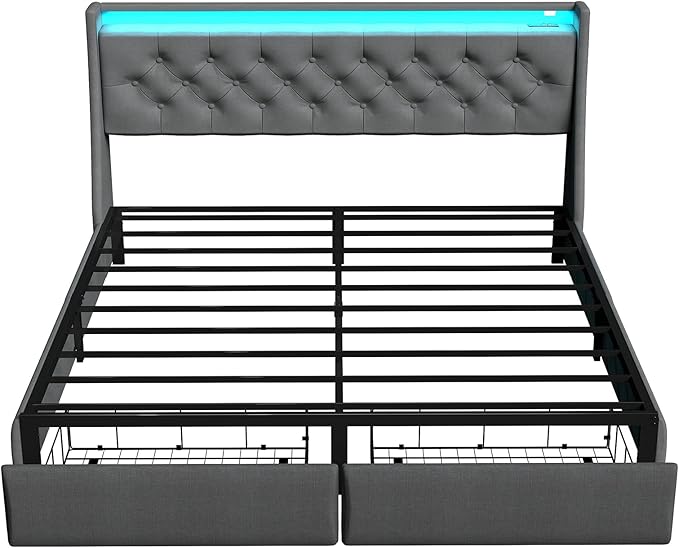 SADENICEL Queen Bed Frame with Storage Headboard and 2 Drawer, Metal Queen Size Bed Frame Platform with LED Light, Charging Station, No Box Spring Needed, Noise Free, Easy Assembly, Grey