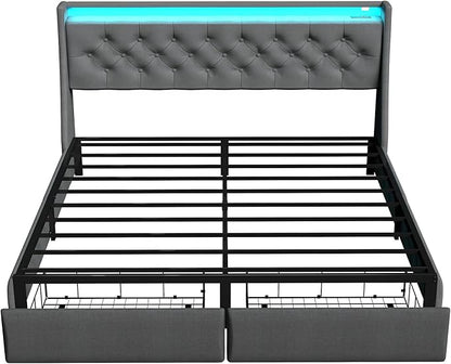SADENICEL Queen Bed Frame with Storage Headboard and 2 Drawer, Metal Queen Size Bed Frame Platform with LED Light, Charging Station, No Box Spring Needed, Noise Free, Easy Assembly, Grey