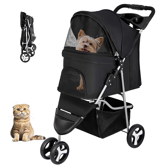 ZENY Foldable Pet Stroller, Cat/Dog Stroller with 3 Wheel, Pet Strolling Cart, Dog Travel Carrier with Storage Basket + Cup Holder, Black