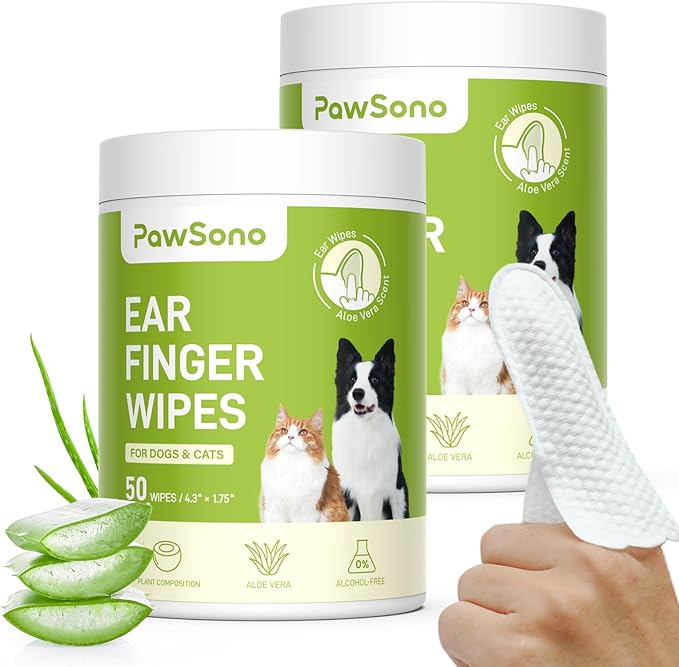 Ear Finger Wipes for Dogs & Cats, Thicker Dog Ear Cleaner Wipes, Natural Relief Cat Ear Cleaner Dog, Pet Health Supplies for Dog Kitten Small Animal, Aloe Scent Deodorizing - 100 Count