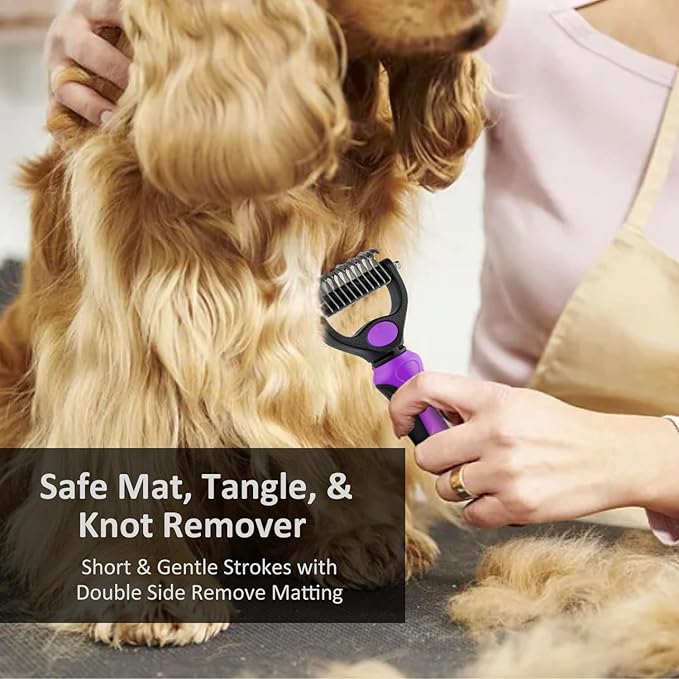 WePet Grooming Rake for Dogs & Cats, Double-Sided Deshedding Brush, Extra-Wide Dematting Tool, Slicker Comb for Undercoat & Loose Hair Removal, Reduces Shedding by 95%, Purple, Small