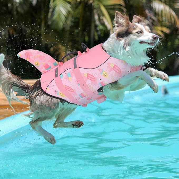Dog Life Jacket High Flotation, Reflective Dog Life Vests for Swimming, Adjustable Dog Life Preserver Rescue Handle Spring Summer Pool for Small, Medium, Large Dogs (Pink Ice Cream,XXL)