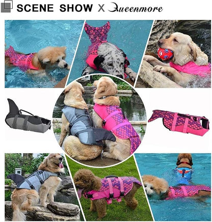 Dog Life Jacket Ripstop Shark Dog Safety Vest Adjustable Preserver with High Buoyancy and Durable Rescue Handle for Small,Medium,Large Dogs, Pink Fish Large