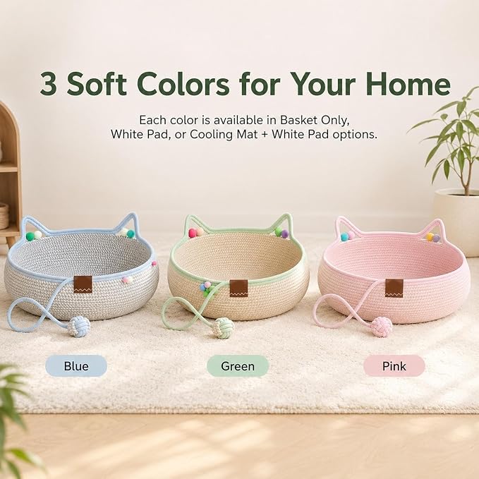 Handwoven Cotton Rope Cat Basket Bed with Hanging Ball Toy (Blue, Large) | cat bed, woven cat basket, kitten bed, small dog bed, cat toy ball, all season pet bed, washable cat cushion
