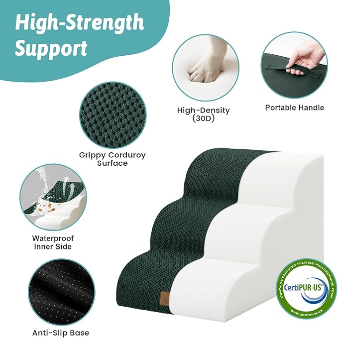 Wide Dog Stairs for Small Dog 15.7" H, Pet Step for Puppy, Older Cat, Curved Ramp for Couch, Durable Anti-Slip Ladder with High Density Foam, 3 Step, 17.7x22.4x15.7 inch, Dark Green
