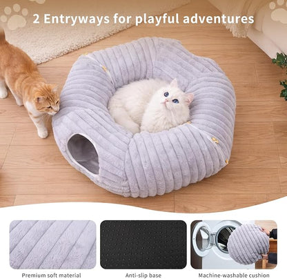 Dogpals Cat Tunnel Bed Cave 33" Lx10 Wx10 H for Indoor Cats(Grey) | Washable Cozy Cushion, Soft Striped Plush Fabric, Hideaway Peekaboo Cave for Kittens, Puppies, Rabbits & Small Pets