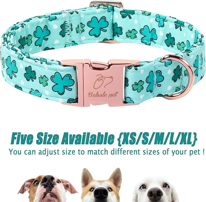 St. Patrick's Day Dog Collar for Large Dogs - Fresh Green Clover Dog Collars, Irish Shamrock Festival Pet Collars, Adjustable Heavy Duty Dogs Collar with Metal Buckle L