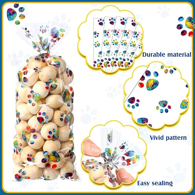 Blulu 100 Pieces Dog Treat Bags Puppy Party Favor Pet Paw Cone Cellophane Bags Candy Heat SealableDog Paw Gift with 100 Pieces Silver Twist Ties for Pet Cat Treat Party Favor(Rainbow Color)