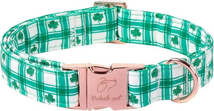 St. Patrick's Day Dog Collar, Vintage Green Plaid & Clover Lucky Dog Collars, Adjustable Heavy Duty Pet Collar for Small Medium Large Dogs with Metal Buckle XS