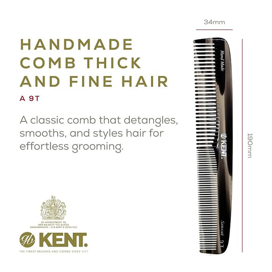 Kent 9T Black Graphite Fine Tooth and Wide Tooth Comb Detangler Hair Combs - Large Handmade and Saw-Cut Dressing Combs - Wet Hair Comb for Women and Durable Grooming for Men Made in England