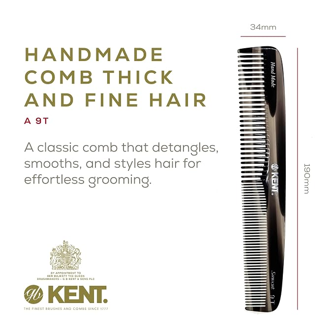 Kent 9T Black Graphite Fine Tooth and Wide Tooth Detangler Hair Combs - Large Handmade and Saw-Cut Dressing Comb - Wet Hair Comb for Women and Durable Grooming Comb for Men Made in England