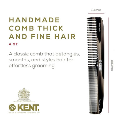 Kent 9T Black Graphite Fine Tooth and Wide Tooth Detangler Hair Combs - Large Handmade and Saw-Cut Dressing Comb - Wet Hair Comb for Women and Durable Grooming Comb for Men Made in England
