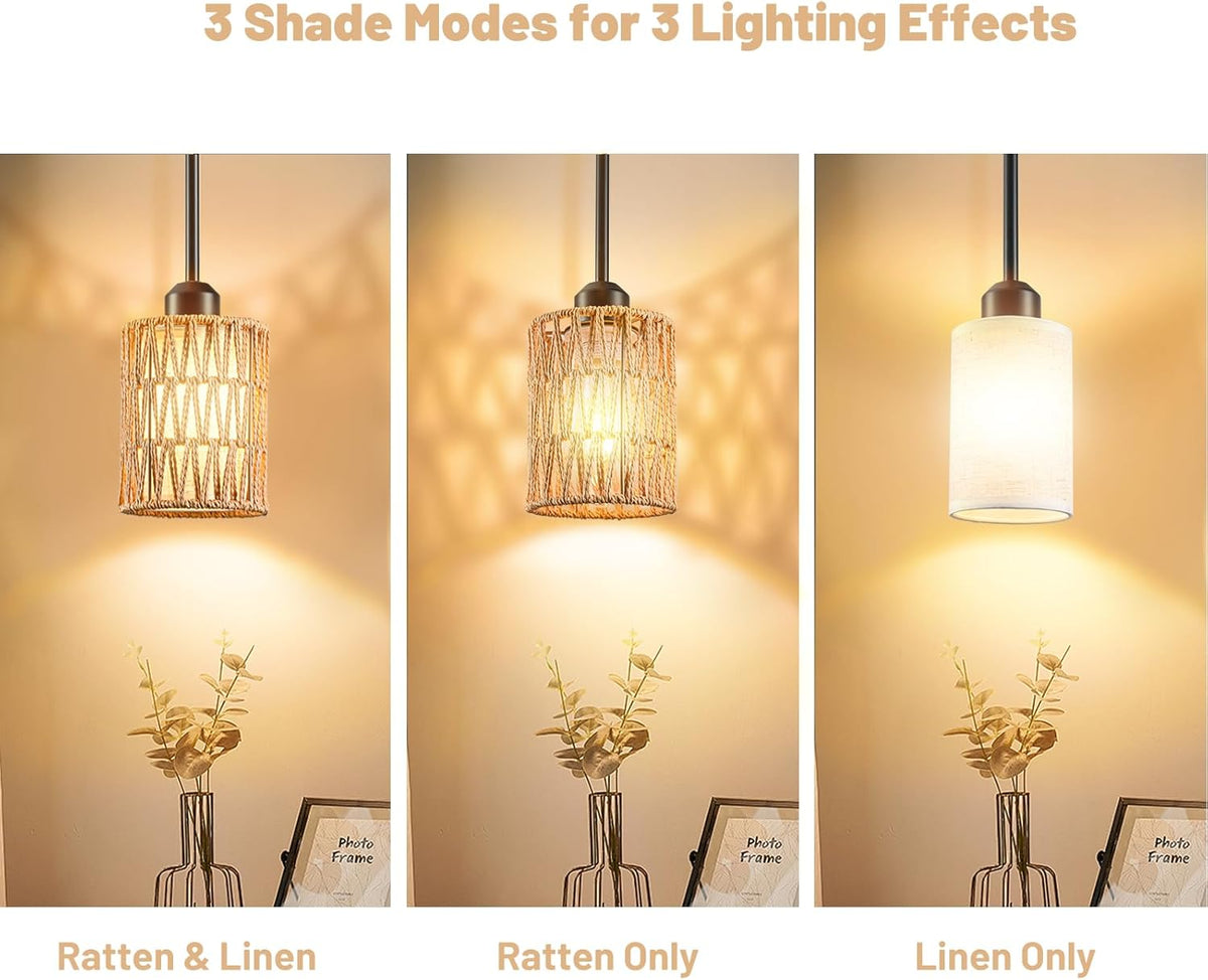 Pendant Light Boho Hanging Lamp - Rattan & Linen 2-in-1 Shade, Adjustable Hanging Lights Fixture for Kitchen Island, Dining Room, Farmhouse, Bedroom (2 Pack)