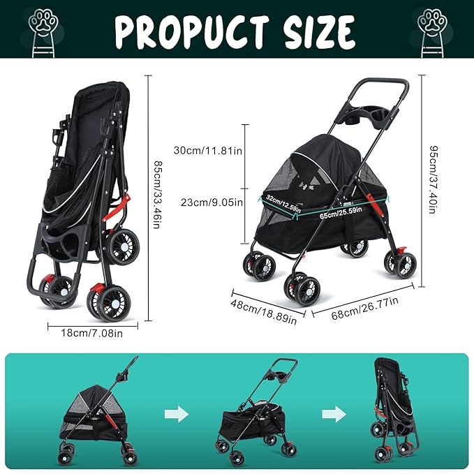 Pet Stroller for Small Dogs Cats, 360 Degree Rotatable Foldable Pet Travel Carrier Pets Strolling Cart with Visible Mesh Adjustable Canopy Cup Holder Rear Wheel Dual Brake 1 Set
