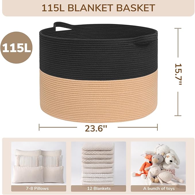 INDRESSME 115L Extra Large Cotton Rope Blanket Basket for Nursery, Boho Decor Baby Laundry Baskets for Kids Toy Organizer Storage Bin for Dirty Clothes Pillows Towel, Black & Camel